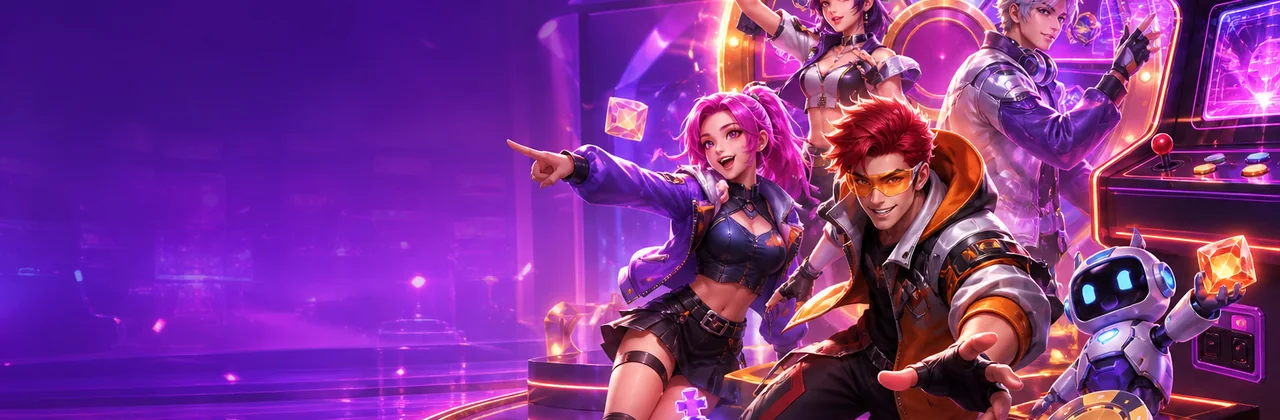 Sảnh trò chơi rực rỡ với vòng quay ánh sáng và máy arcade tương lai
